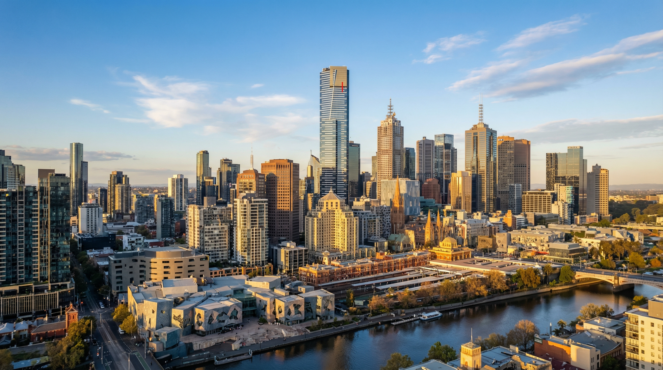 Melbourne CBD skyline at golden hour showcasing urban development by Leawarra Town Planning